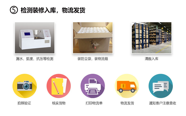 生產(chǎn)流程 5 漏水 挺度 抗壓等檢測(cè)，裝箱入庫(kù)物流發(fā)貨